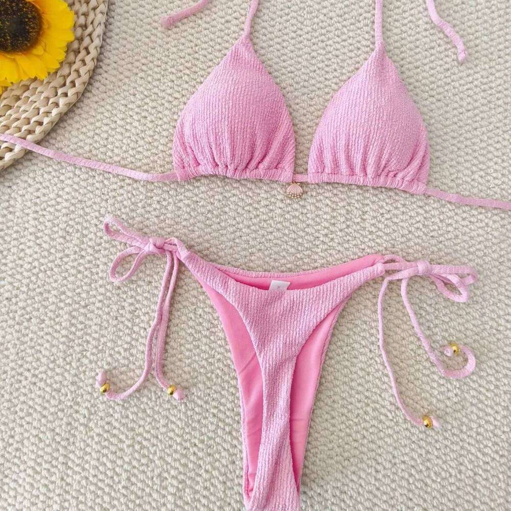2026 Solid Color Bikini Sexy Strap Split Shell Suit Swimsuit Women C260207