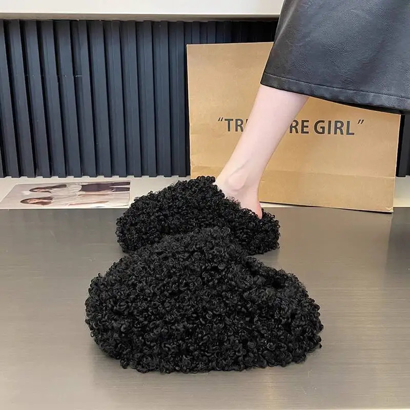 Womens Fur Home Slippers 2025 Autumn Winter Wool Furry Indoor Outdoor Wear Toe Internet Style 260208