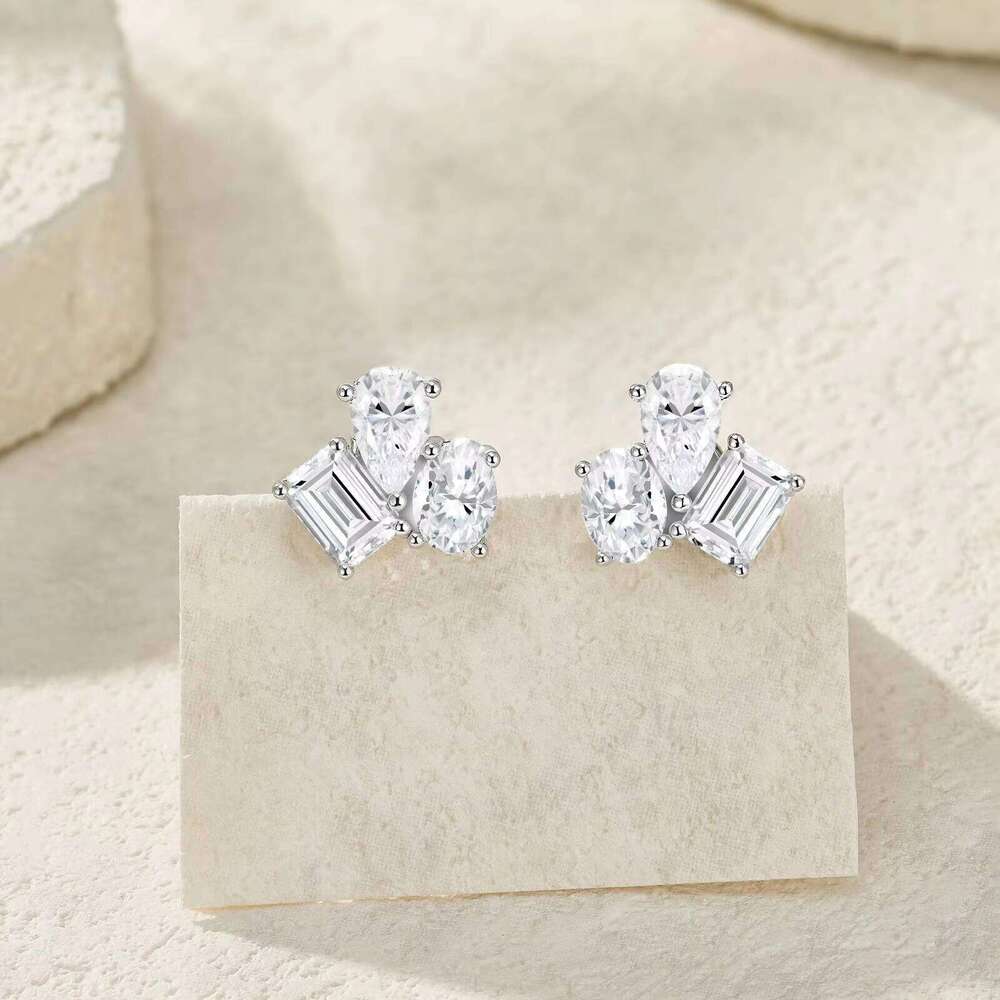 S925 Moissanite Irregular-Shaped Stud Multi-Layer Electroplated White Gold Fashionable Light Luxury High-End Earrings
