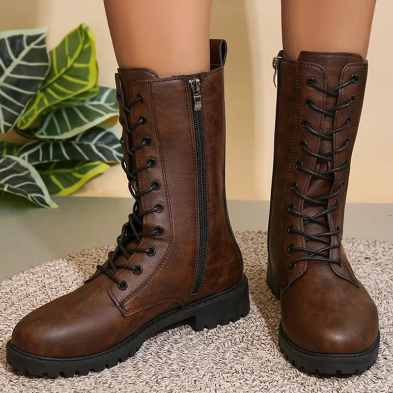 Fashion Lace Up Zipper MidiCalf Boots for Women Autumn Winter 2025 Solid Platform Modern Woman Square Heel Botas Mujer 260208
