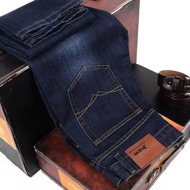 2026 Spring and Autumn Classic Men Fitted Stretch Jeans Business Casual Cotton Denim Straight Leg Pants Male Black Blue Trousers 260127