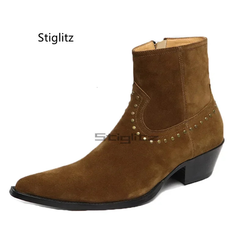 Riveted Cowboy Chelsea Boots for Men Brown Black Side Zipper Mens British Style Suede Leather Ankle Shoes Botas 260208