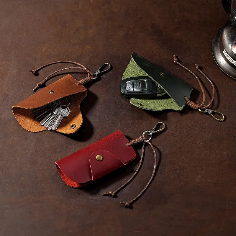 Crazy Horse Leather Key Pouch Universal Car Key Cover with Anti-Scratch Genuine Leather Key Storage Bag for Auto Keys 260129