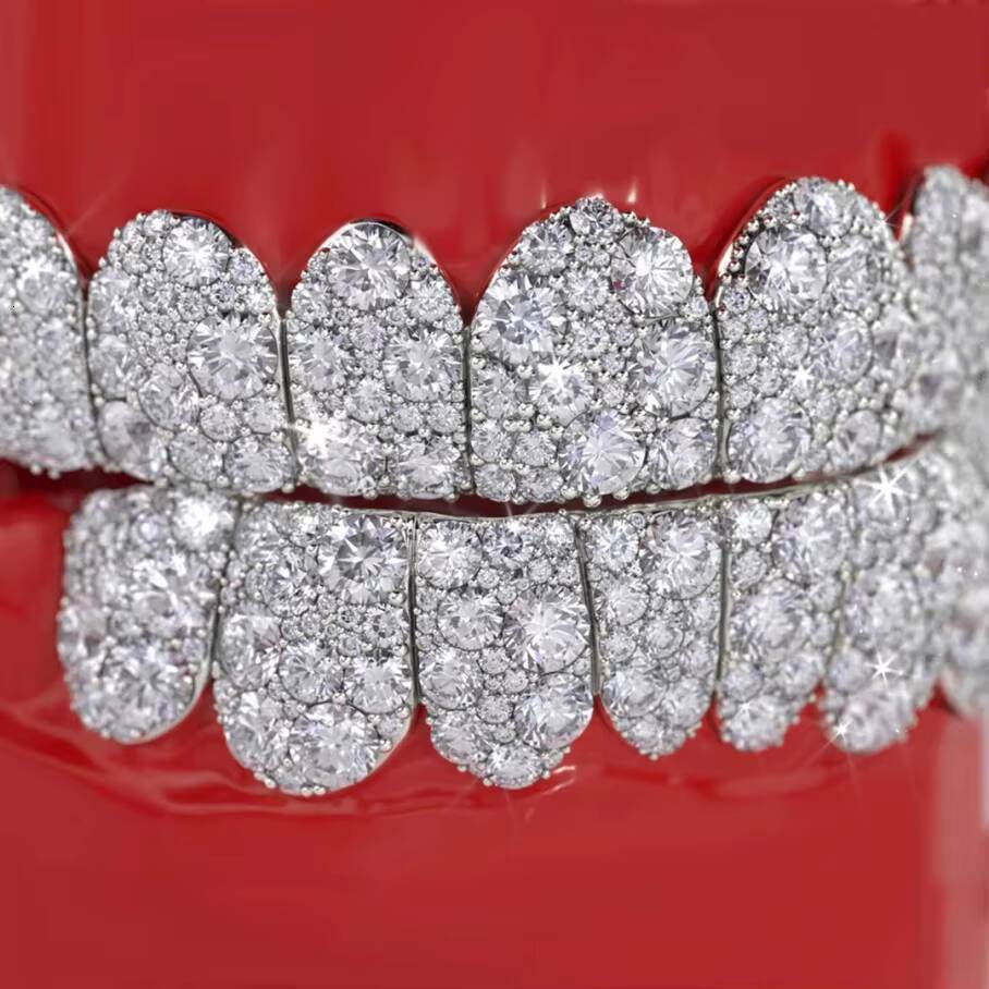 925 Sterling Silver Unisex Mosaic Setting Hip Hop Teeth Grills 10K 14K 18K Solid Gold VVS Moissanite Grillz