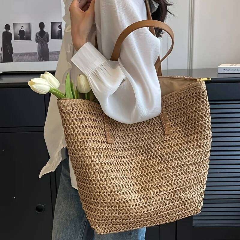 Fashionable and Versatile Women's Woven Bag with Zipper for Travel, Large Capacity Beach Bag, Handbag C260207