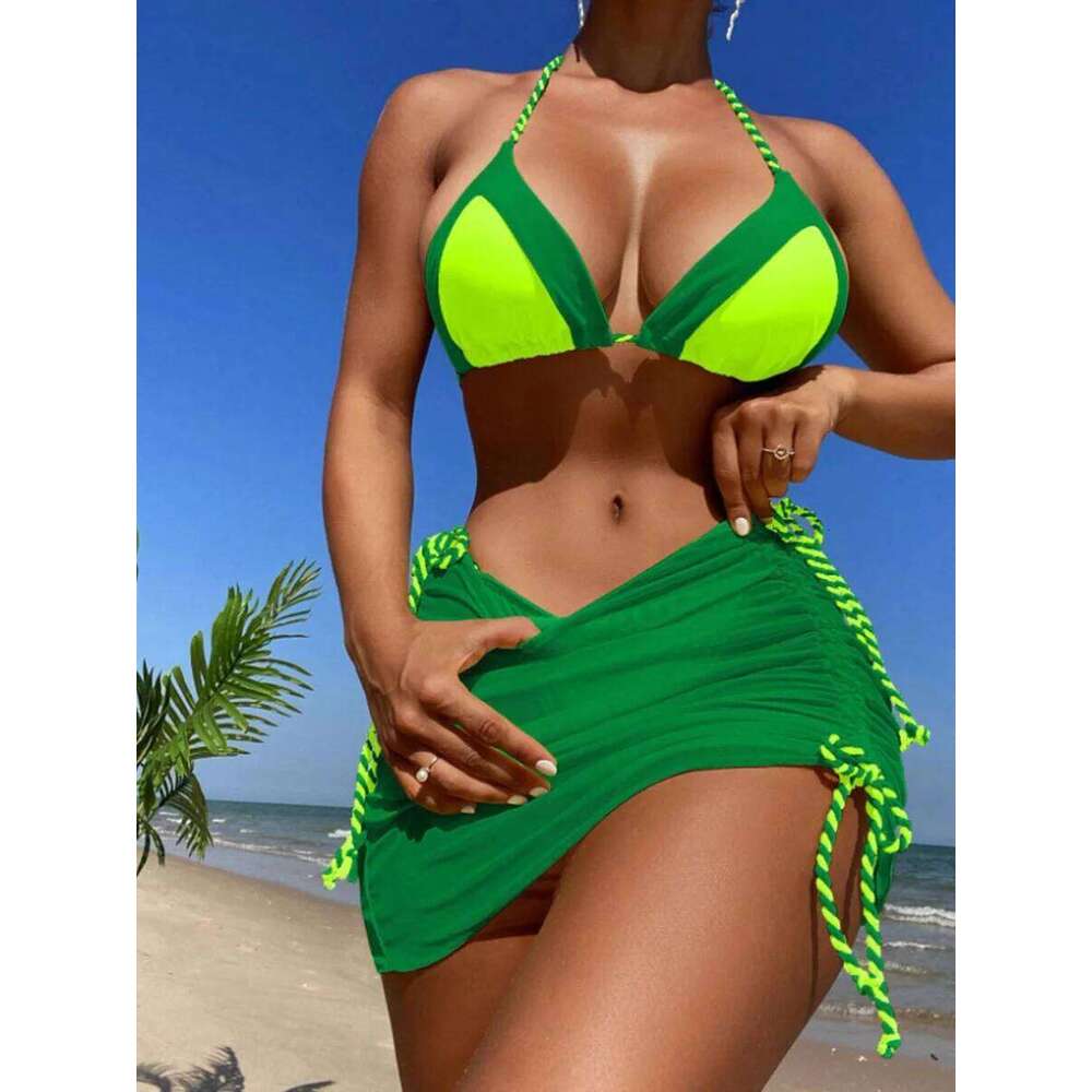 2025 Black Halter 3 Piece Bikini String Skirt Swimsuit Women Swimwear Female Bather Bathing Swimming Swim Suit Beachwear C260207