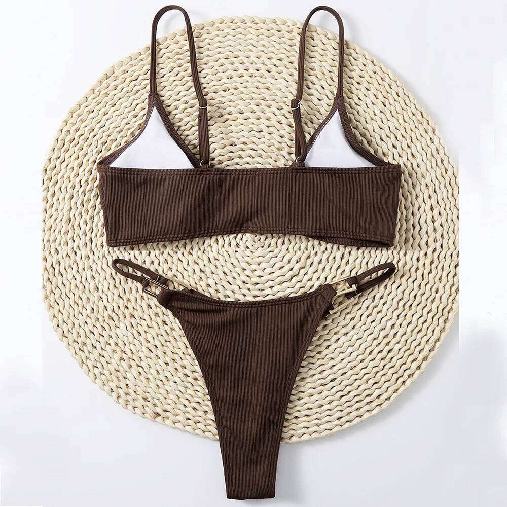 Rib Buckle Linked Thong Bikinis 2025 Women Sexy Swimsuit Solid Swimwear Female Padded Bathing Swimming Suit Beachwear Summer C260207