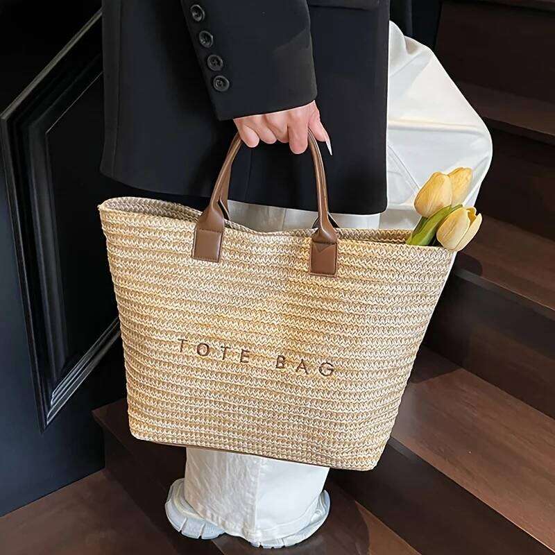 Handheld large capacity commuting letter embroidered women's fashionable casual grass woven tote bag, handbag C260207