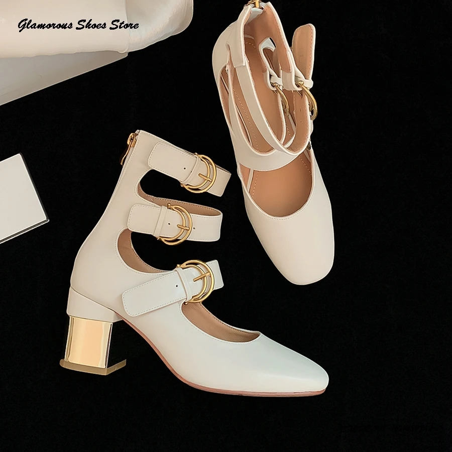 65cm Genuine Leather Mary Janes Shoes Square Toe Block Heel Belt Buckles Pumps Spring Summer Fashion Womens Party Dress 260208