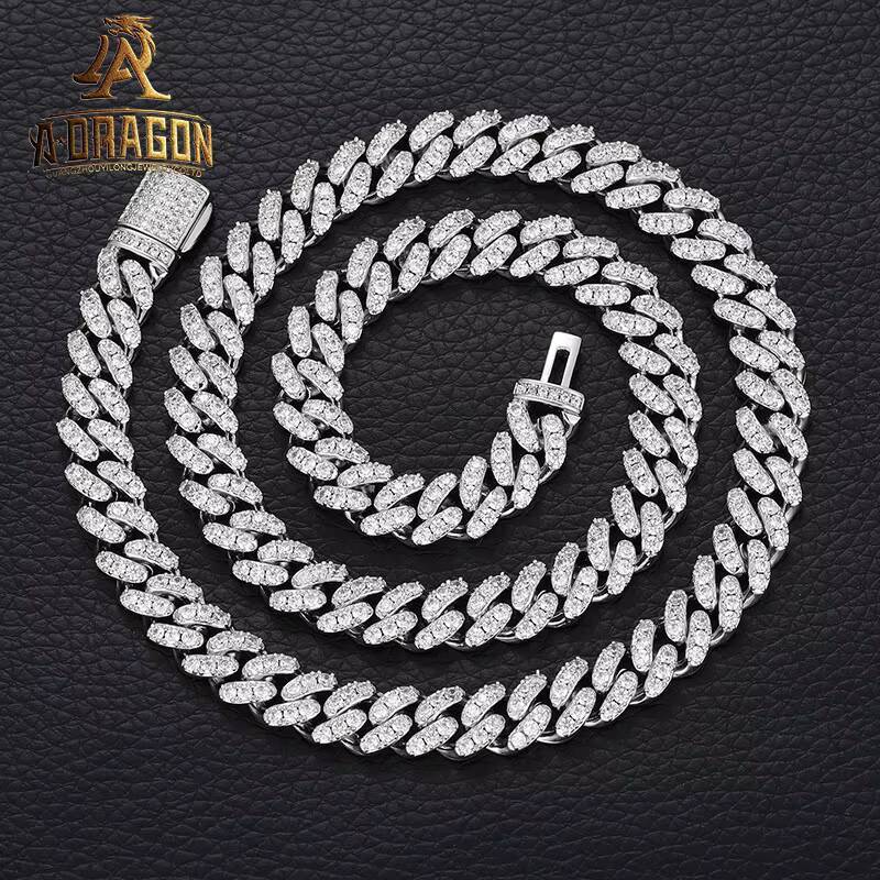 10mm Waterproof Iced Out Prong Set Moissanite Diamond 18 K Gold Plated Cuban Chain Necklace for Boys