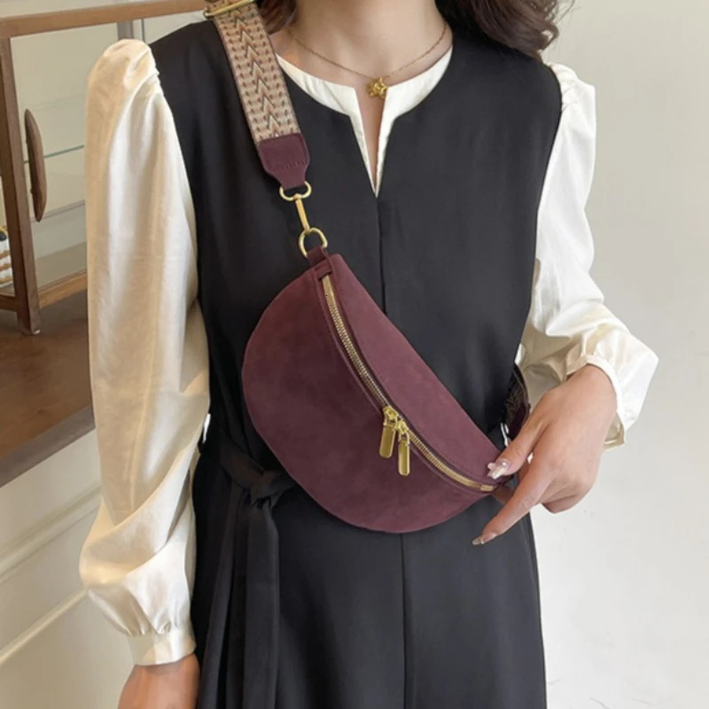 Womens Waist Bag Multi-pocket Street Fanny Pack Faux Suede Chest Bag Fashion Wide Strap Crossbody Bag Retro Solid Shoulder Bags 260130