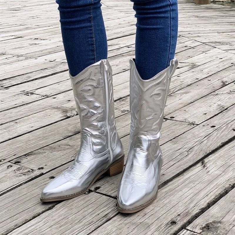 Womens Boots Fashion Pointed Toe Leather Retro Embroidery Western Cowboy for Women Thick Soled Midcalf Boot Botas 260208