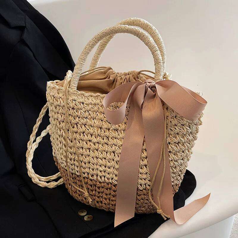 Bow Decors Bucket Shoulder Bags Handmade Straw Hollow out Summer Female Travel Beach Bag Purse Vintage Handbags Bolsa C260207