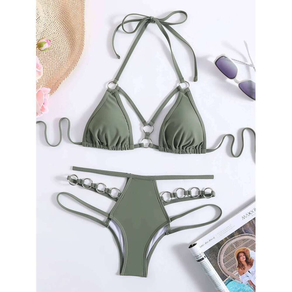 sexy army green push up ring bikinis sets two pieces high waist padded bathing suit beach wear women thong bikini swimsuits C260207