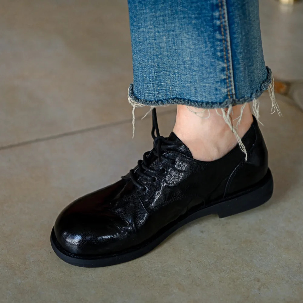 Womens Cow Leather Laceup Flats Oxfords Round Toe Retro British Style High Quality Soft Comfortable Genuine Daily Shoe 260208