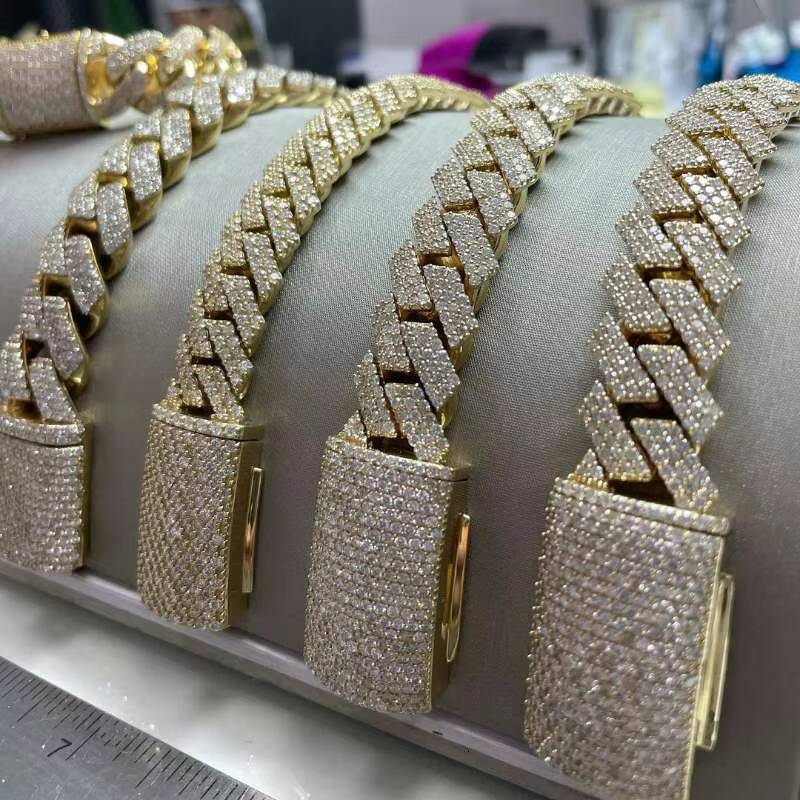 Luxury Cubanas Custom 12mm-20mm Gold Plated silver Prong vvs moissanite Diamond Iced Out Cuban Link Chain Hip Hop Necklace for Men