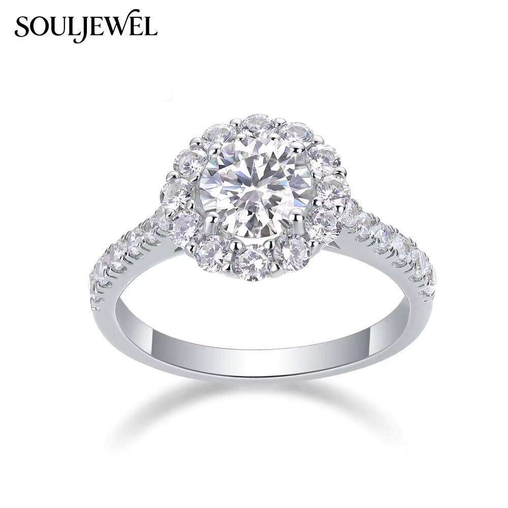Souljewel Flower Shape 925 Sterling Silver Moissanite Halo Eternity Band Prong Setting Rhodium Plated Luxury Wedding Ring