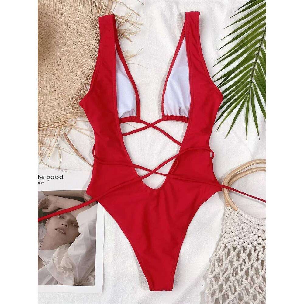 Sexy Red Swimsuit Micro String Bikini Hollow Out Backless Monokini Women One-Piece Vacation Swimwears Bikinis Beach Bathing Suit C260207
