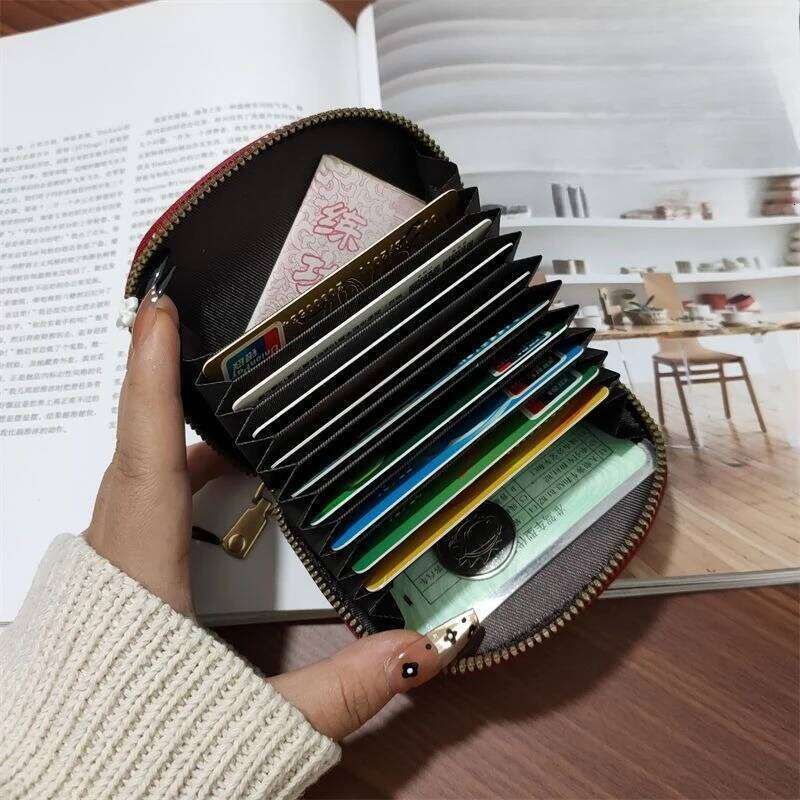 Multi Slot Holder Vintage Women Small Business Bank Credit Card Bag Coin Pouch Solid Leather Zipper Wallet Y260206