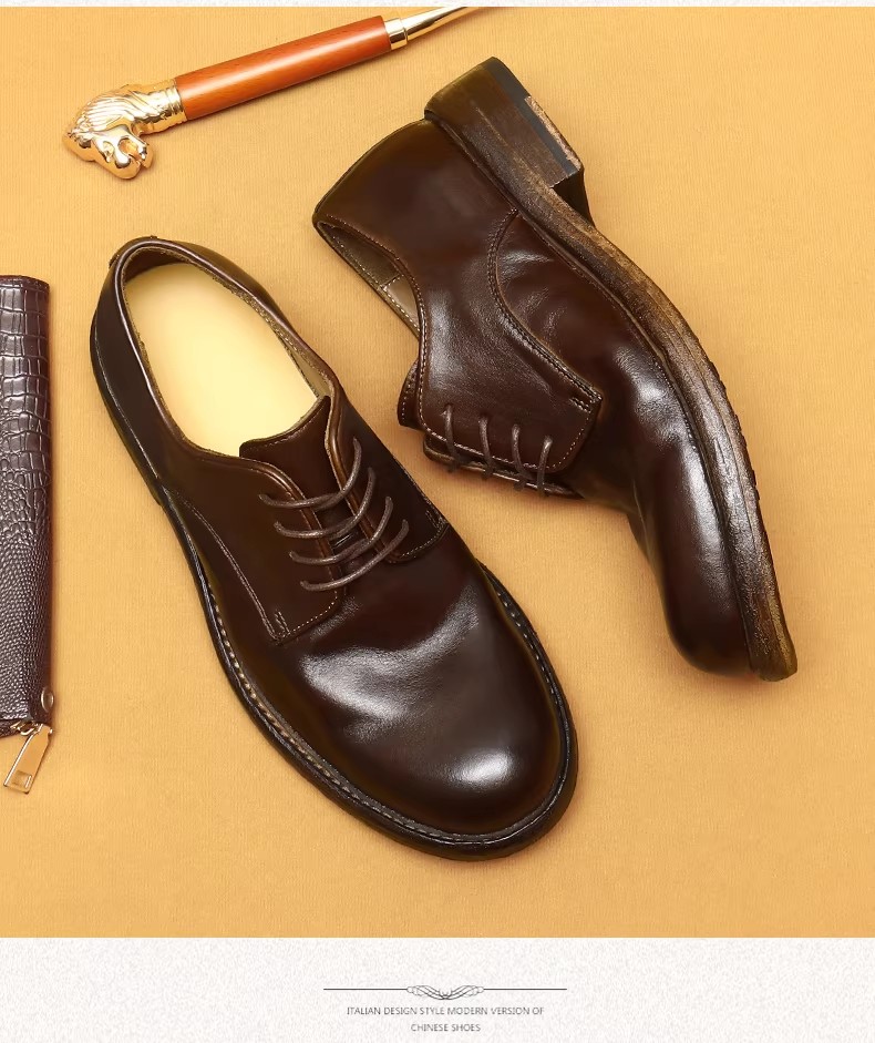 Men's Formal Business Shoes British Style New Large Head Top Layer Cowhide Genuine Leather Goodyear Welt Handmade Derby Shoes