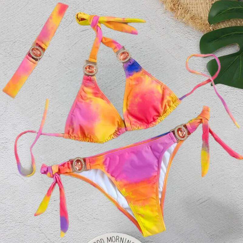 Print Sexy Bikinis Swimsuits With Rhinestones Women's Swimwear Female Push Up Bikini Beach Swim Wear Bathing Suits Pool Bather C260207