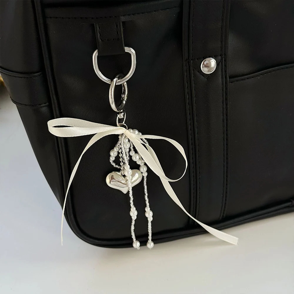 Y2k Beaded Key Chain White Pearl Bow Keychain Decoration For Bags Phones Korean Ribbon Key Ring Fashion Bag Hanging Accessories 260107
