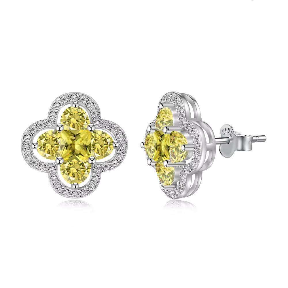 Wholesale 925 Silver Micro Inlay Zircon Pink Yellow CZ Stone Lucky Four Leaf Clover Necklace Ring Earrings Jewelry Set For Women