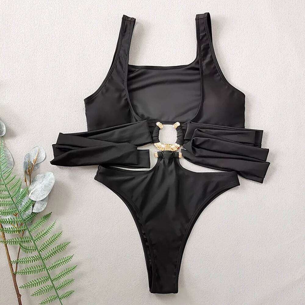 Sexy Black Knotted One Piece Swimsuit for Women Cross Back Hollow Out Bathing Suit 2023 Summer Beach High Cut Monokini Swimwear C260207