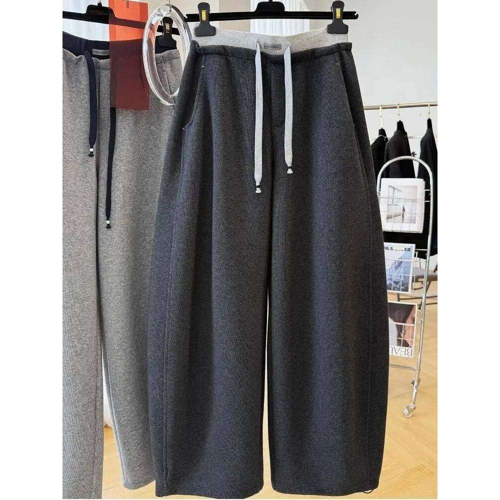 Patchwork Drawstring High Waist Wide Leg Pants for Women Spring and Autumn Curved Hem Trousers