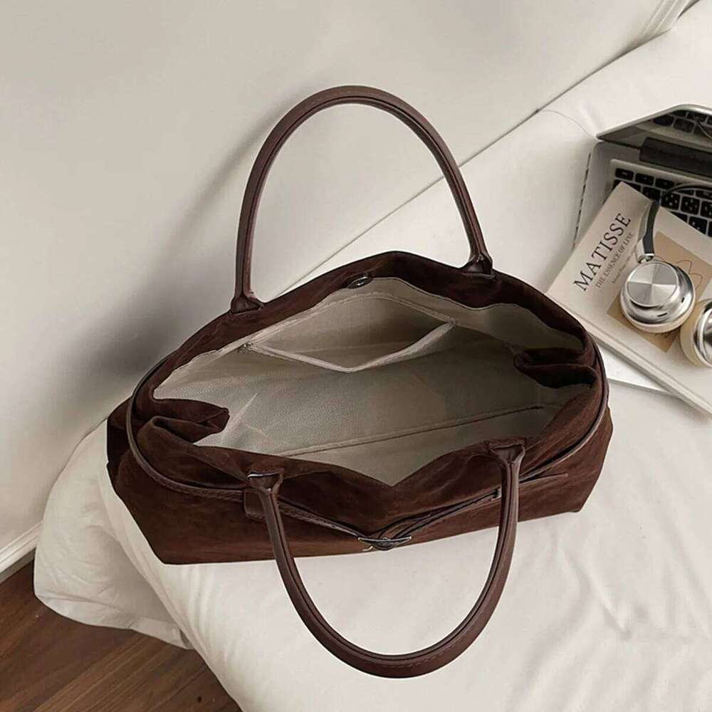 Simplicity Suede Tote Bag Belt Buckle Magnetic Clasp Large Capacity Water Resistant Bottom Studs for Daily Commute Shopping C260207