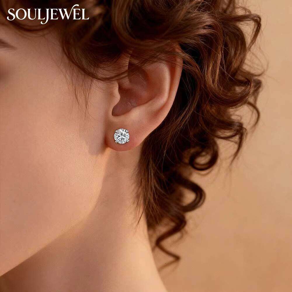 Souljewel Fine Jewelry 925 Sterling Silver Moissanite Stud Earrings Classic Four Prong Design Rhodium Plated GRA Certified