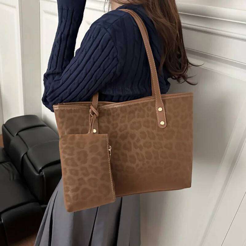 2pcs/set Leopard Print Women Shoulder For Commuting, Daily Used, Casual Tote Bag Large Capacity Ladies Handbags And Purses C260207