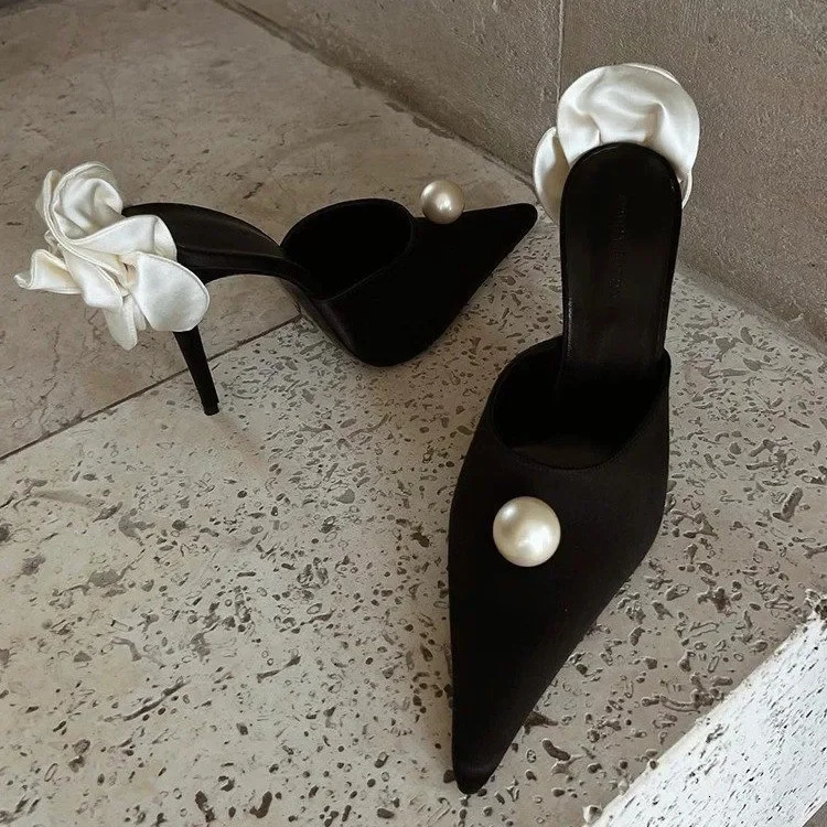 Black Satin High Heels Slippers Spring and Summer Pearl Stiletto Party White Rose Sandals 260208