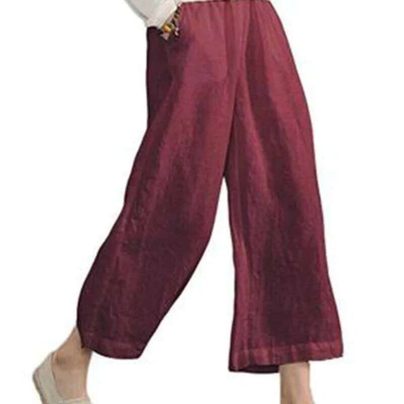 Women's Solid Color Cotton Linen Wide-leg Nine-point Pants Loose Casual Spring Summer New Products 2026