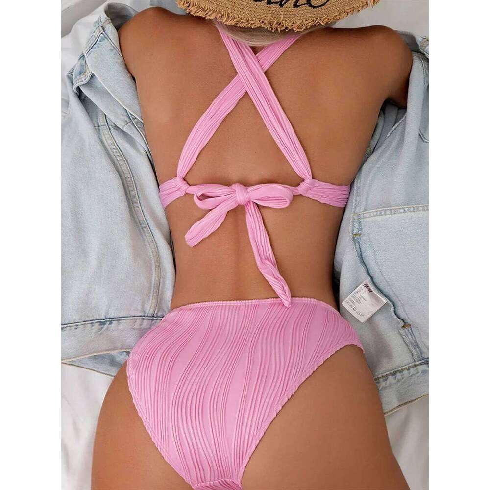 2025 Wrinkled Crinkled Women Swimwear Female Swimsuit Two-pieces Bikini Set High Cut Bathing Suit Swim Beach Wear Lady C260207