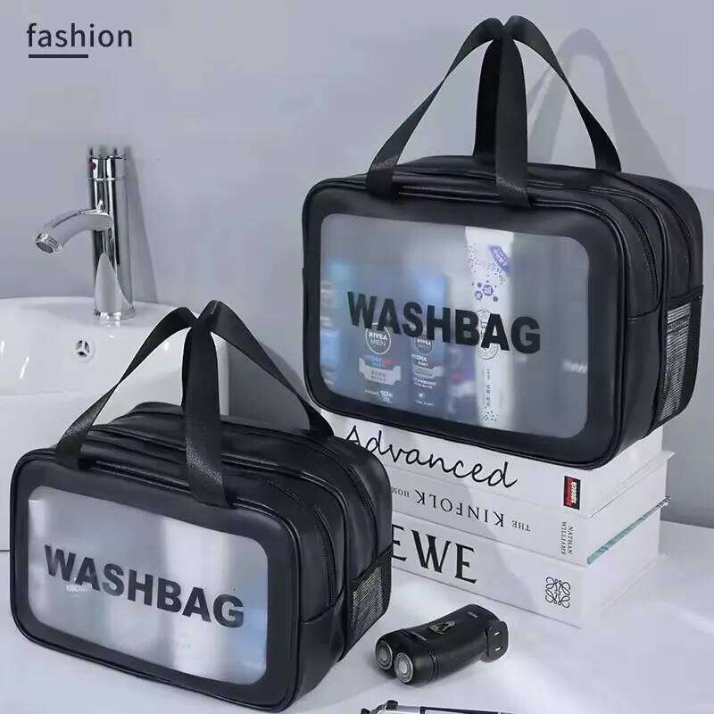 Dry-wet separation double transparent PU makeup portable washing cosmetic storage bag travel fitness swimming essentials Y260206