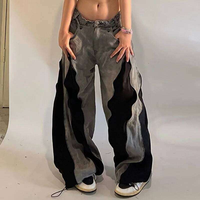 American Street Color Stitching Washed Jeans Female Y2K Harajuku Hip Hop Popular Baggy Slim Spice Girl Wide-leg Mop Pants