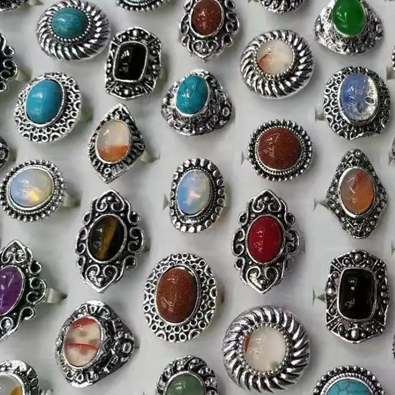 10Pcs/Lot Natural Stone Rings For Women/Men Mix Style Vintage Carved Silver Plated Ring Fashion Party Jewelry Gift 260107