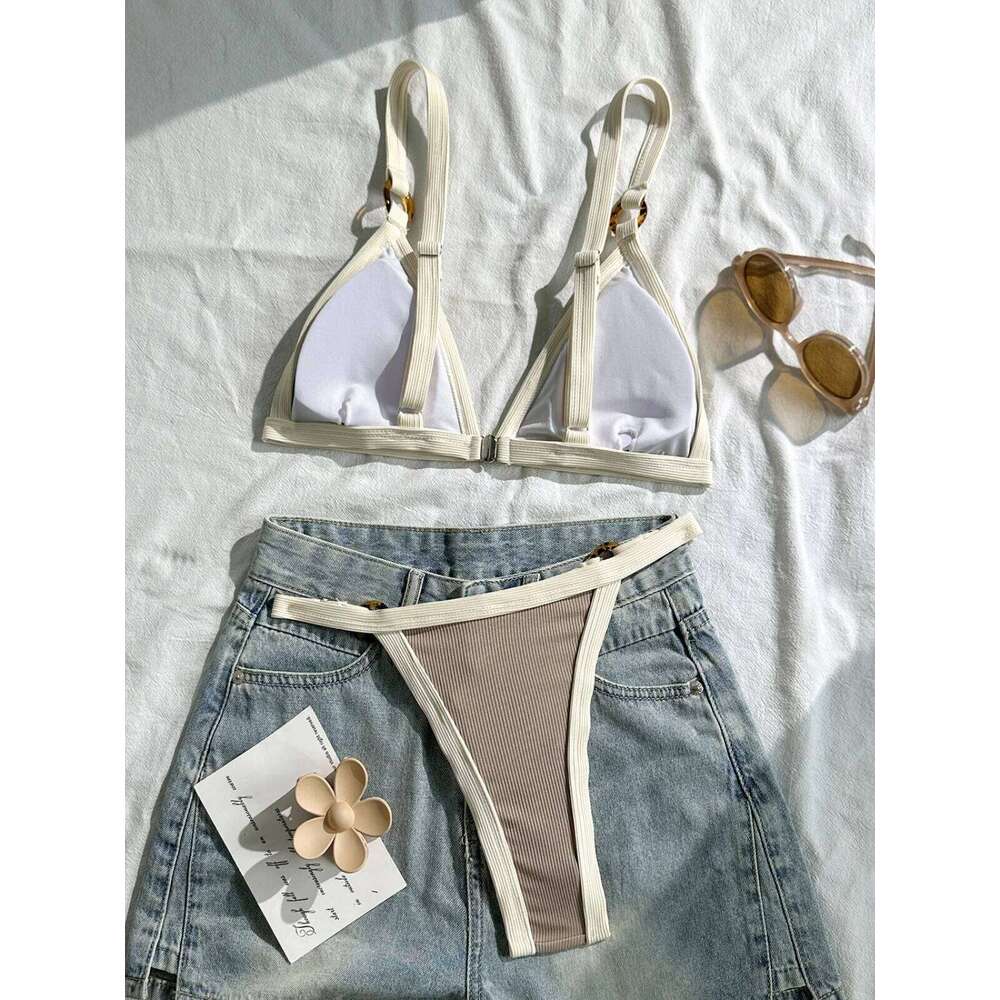 Sexy Khaki Patchwork Micro Bikini 2026 Women Brazilian Push Up Bra Metal Circle Thong Swimsuit Bathing Suit Holiday Swimwear C260207