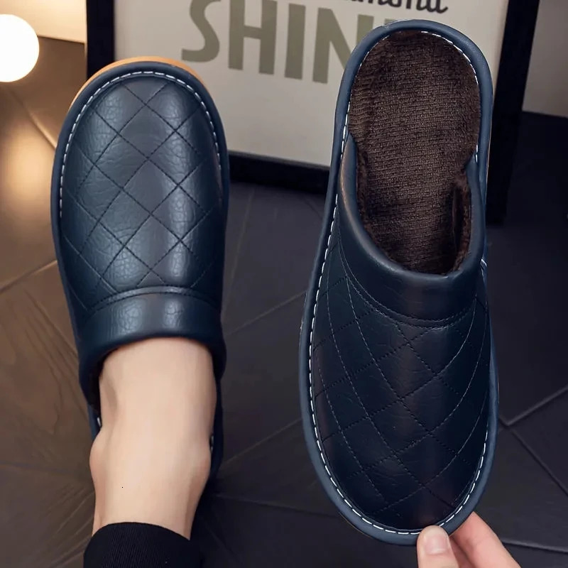 Genuine Leather Handmade Men House Slippers Winter Slip On Soft Comfort Black Brown Bedroom Indoor Flat Men Shoes 260124