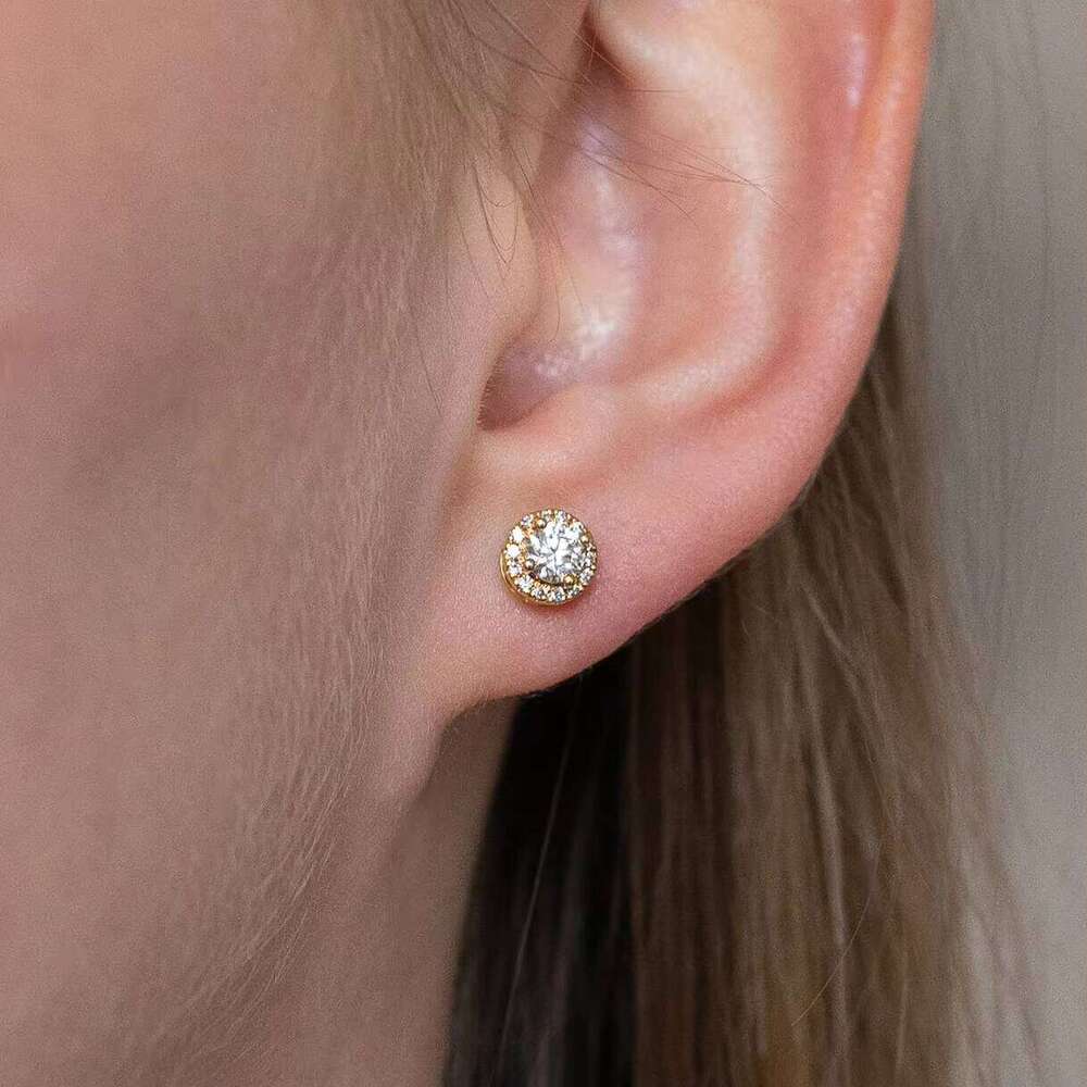 D Color Moissanite Diamond Halo Stud CZ Gold Plated 925 Sterling Silver Jewelry Earrings