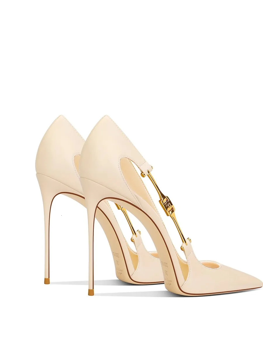 Fine highheeled womens shoes summer pointed scalp hollow metal buckle single large size small banquet work 260208
