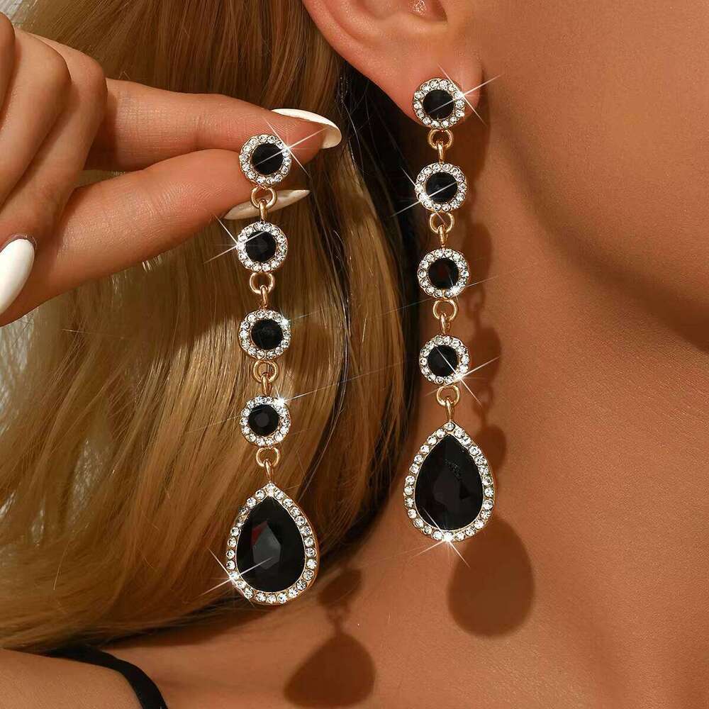 Women's European American Style Luxury Fashion All-Match Long Oval Drop Tassel Earrings Alloy Elegant Artistic Diamond-Set Place