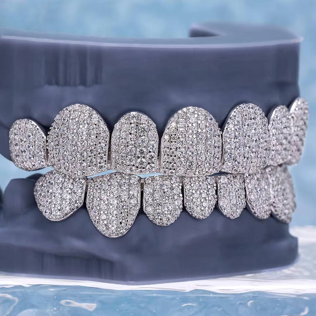 Custom Hip Hop Unisex Pave Setting 925 Sterling Silver 10K 14K 18K Gold Diamond Teeth Grillz Iced Out Moissanite Grillz