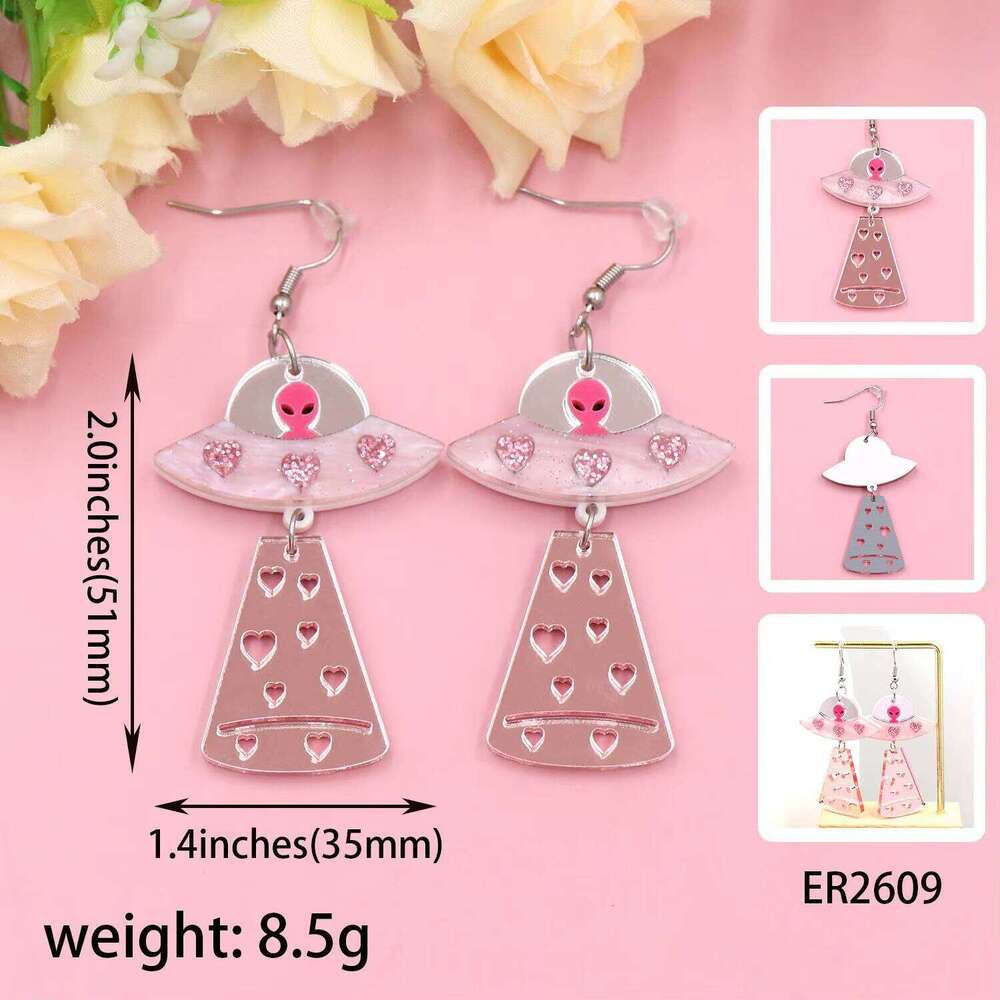 Hyler2609 Valentine's Day Heart Flying Saucer Laser Cut Diamond Drop Earrings