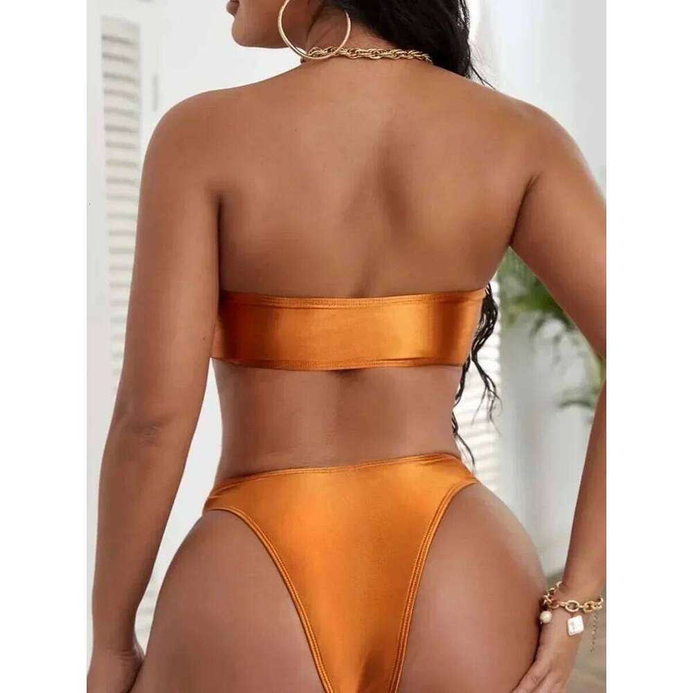 Bandeau Bikinis 2025 Strapless Satin Female Swimsuit Women Swimwear Two-pieces Bikini Set High Cut Bathing Suit Swim Lady C260207