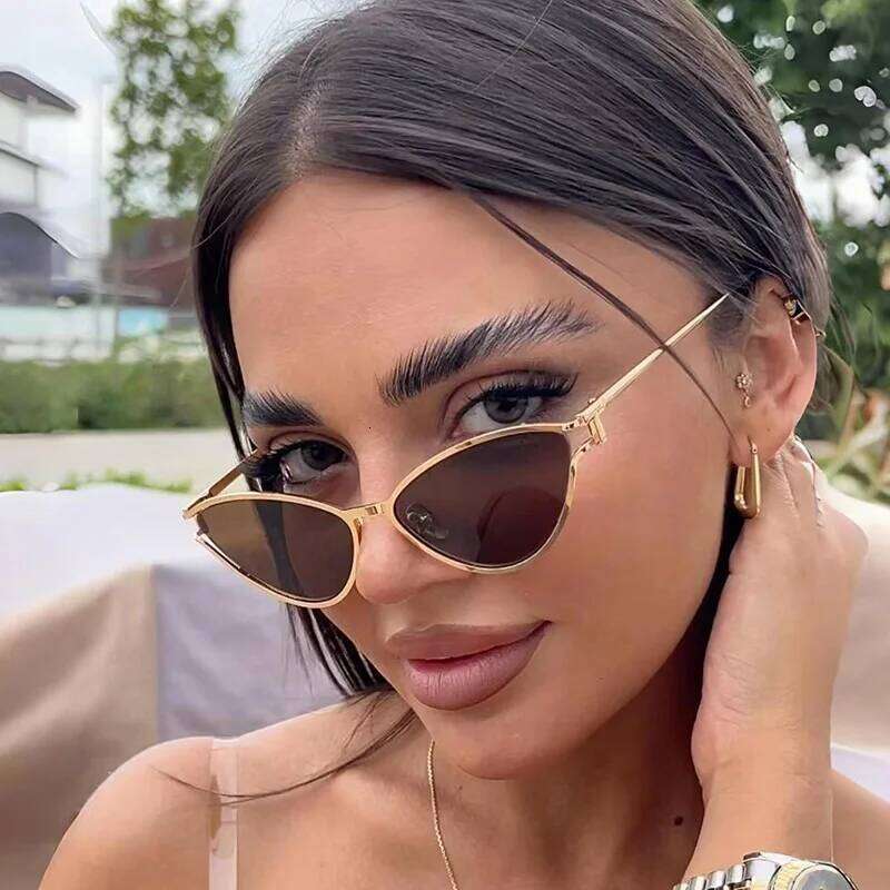 Brand Small Cat Eye Sunglasses Women Luxury 2042 Unique Metal Frame Brown Sun Glasses Trendy UV400 Eyewear Shades Vintage Y260207