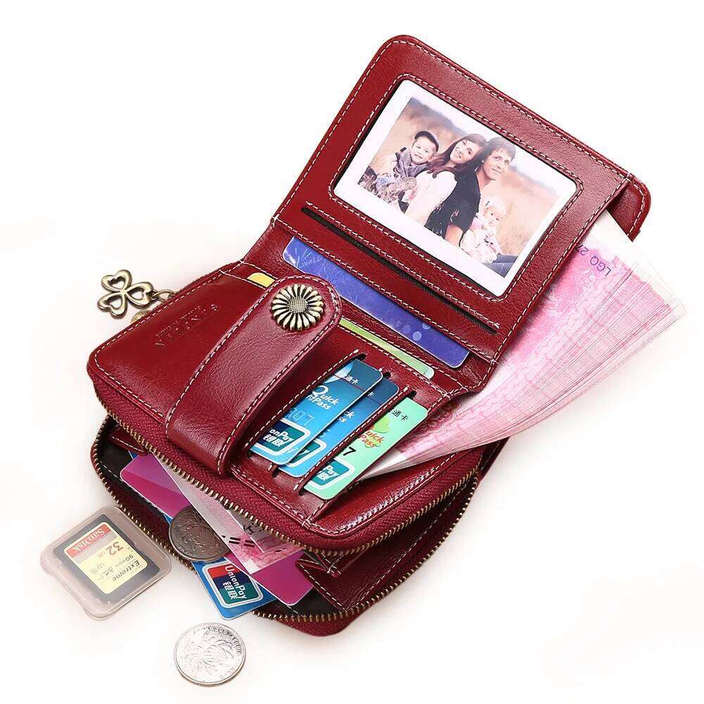 Genuine Leather Short Zipper Cowhide Wallets with Chain Cute Small Coin Purse Money Bag Wallet for Women Y260206