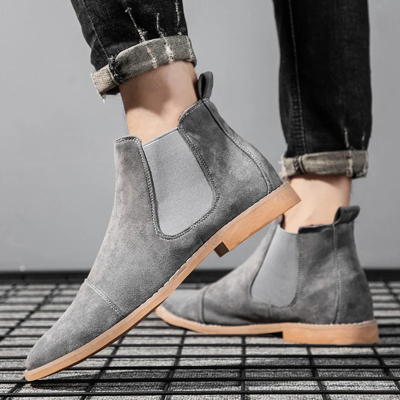 Fashion Gray Chelsea Boots Man Pointed Toe Boot Comfortable Leather Ankle Men Slip on Mens Casual botas para hombre 260208