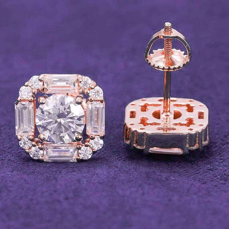 Pass Diamond Tester Hip Hop D Color Baguette Moissanite Halo Square Men's Cluster Stud Earrings With 925 Sterling Silver GRA